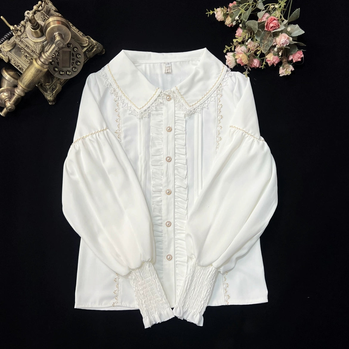 DMFS Lolita - Classic Lolita Blouse Mutton Sleeves Lolita Shirt Milky white with velvet S