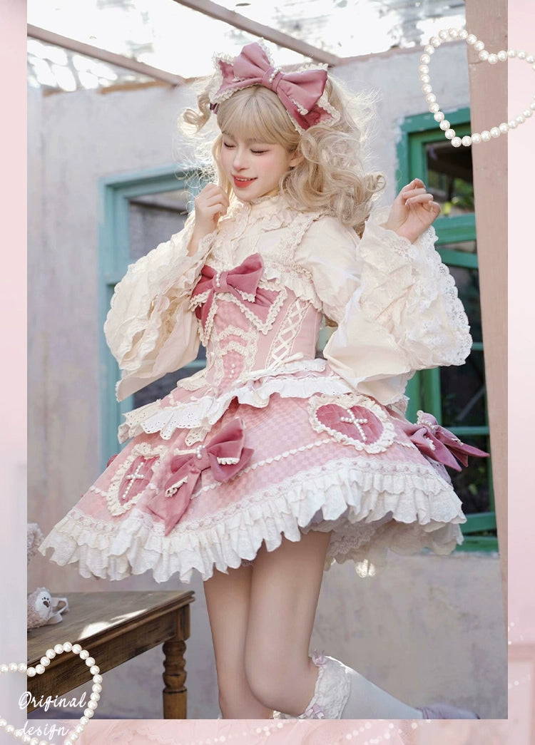 Sakurahime~Cross Sweetheart~Pink Sweet Lolita JSK Dress Doll Lolita Short Dress