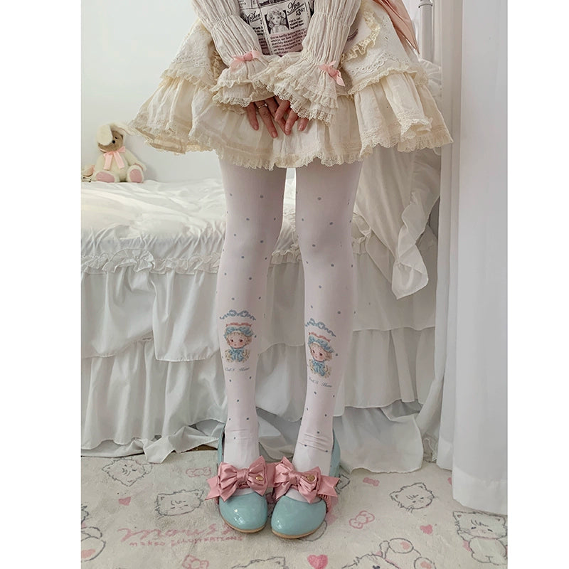 Roji Roji~Sweet Lolita Tights Velvet Print Pantyhose Height (150-175) Green 