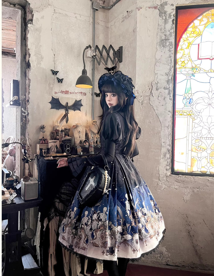 Nn Star~Dragonbone Lily~Dragon Skeleton Print Gothic Lolita Bust-supporting JSK and BNT