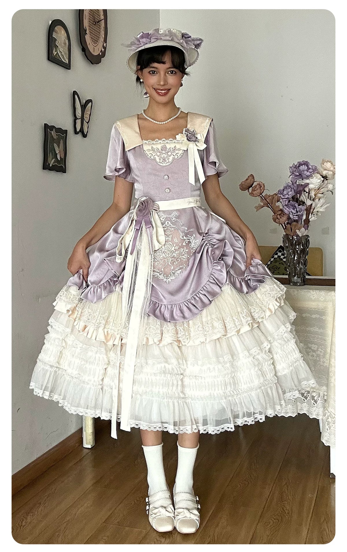 Glass Floral Garden - Classic Lolita Blouse and SK Set, Butterfly Embroidered 45978:870272