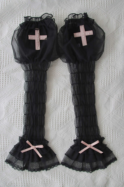 Alice Girl~Cross Maiden~Gothic Lolita Cuffs Puff Arm Sleeves XS black-pink 