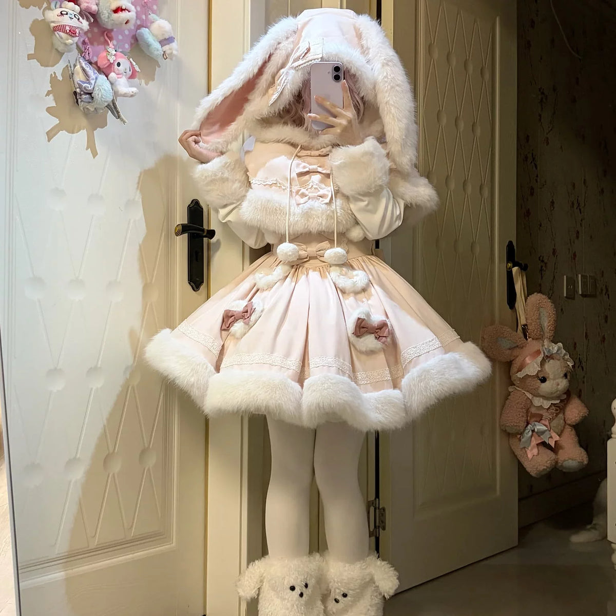 Sweet Dream Bunny - Sweet Lolita Cape & JSK Dress Set, Faux Fur Bunny Ear