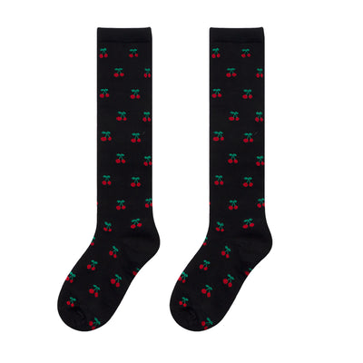 WAGUIR~Japanese Cute Cherry Cotton Printed Lolita Socks free size black long socks 