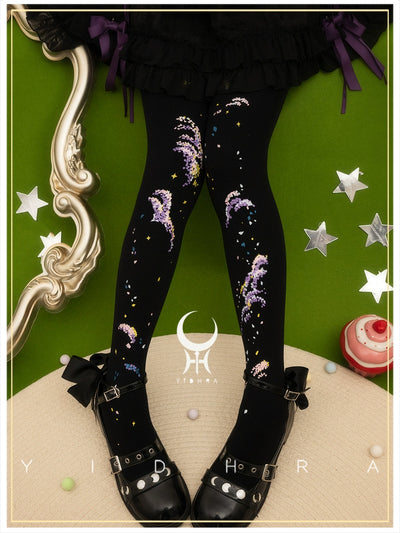 Yidhra~Flowers Under the Stars~Gorgeous Lolita Pantyhose Sweet Velvet Socks Free size Black 