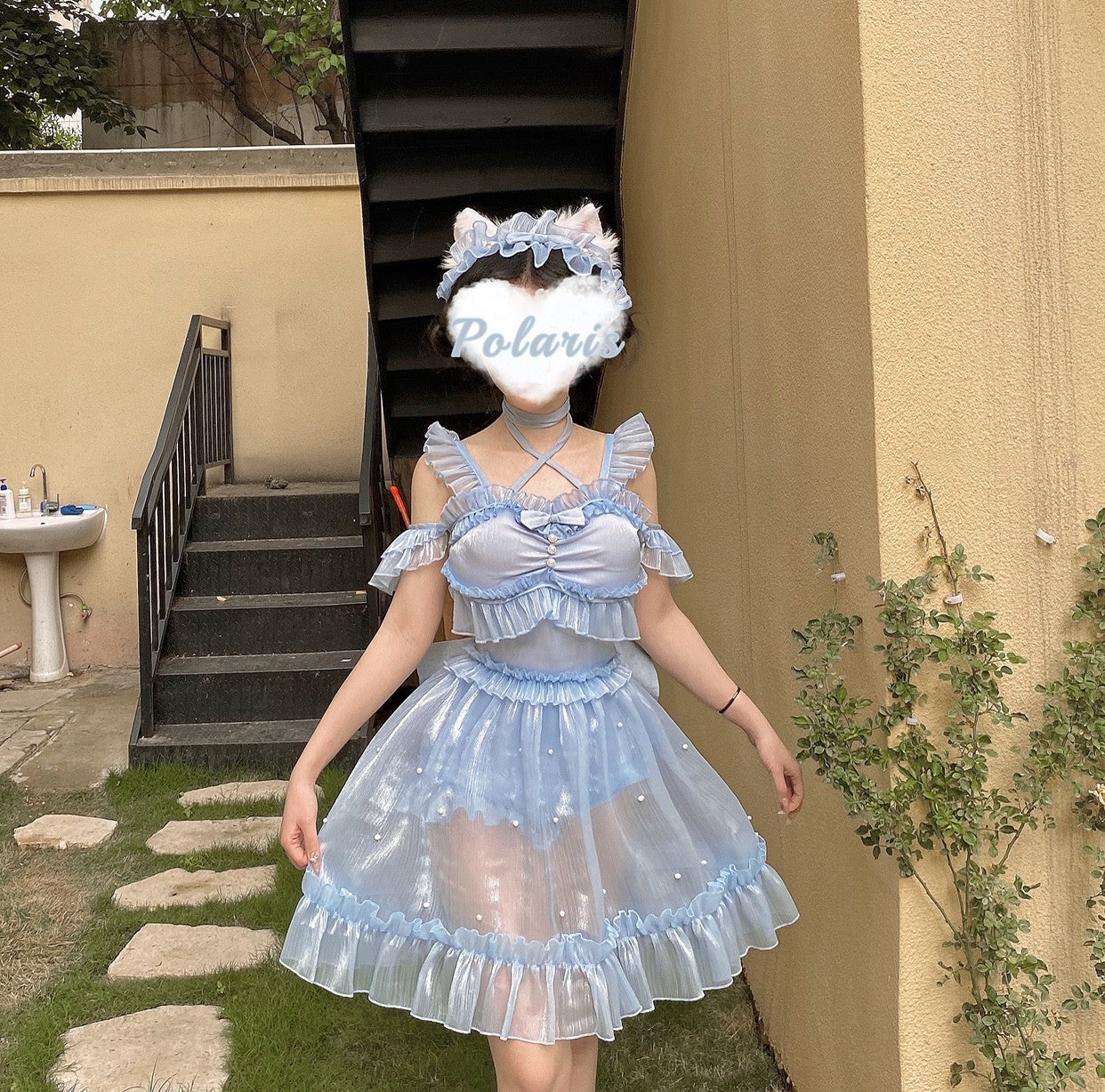 Polaris Lolita - Mermaid - Lolita Inspired Swimsuit with Tulle Overlay and Trailing Blue Swimsuit (with tulle overlay and back bow) S