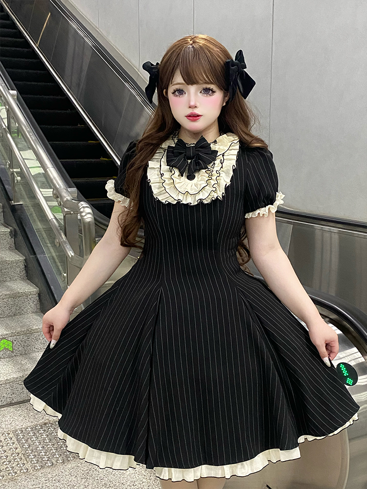 Chubby Cat Diary - Afternoon Tea - Striped Sweet Lolita OP, Petal-Ruffled Apron (2XL 3XL L M S XL) 44318:804553