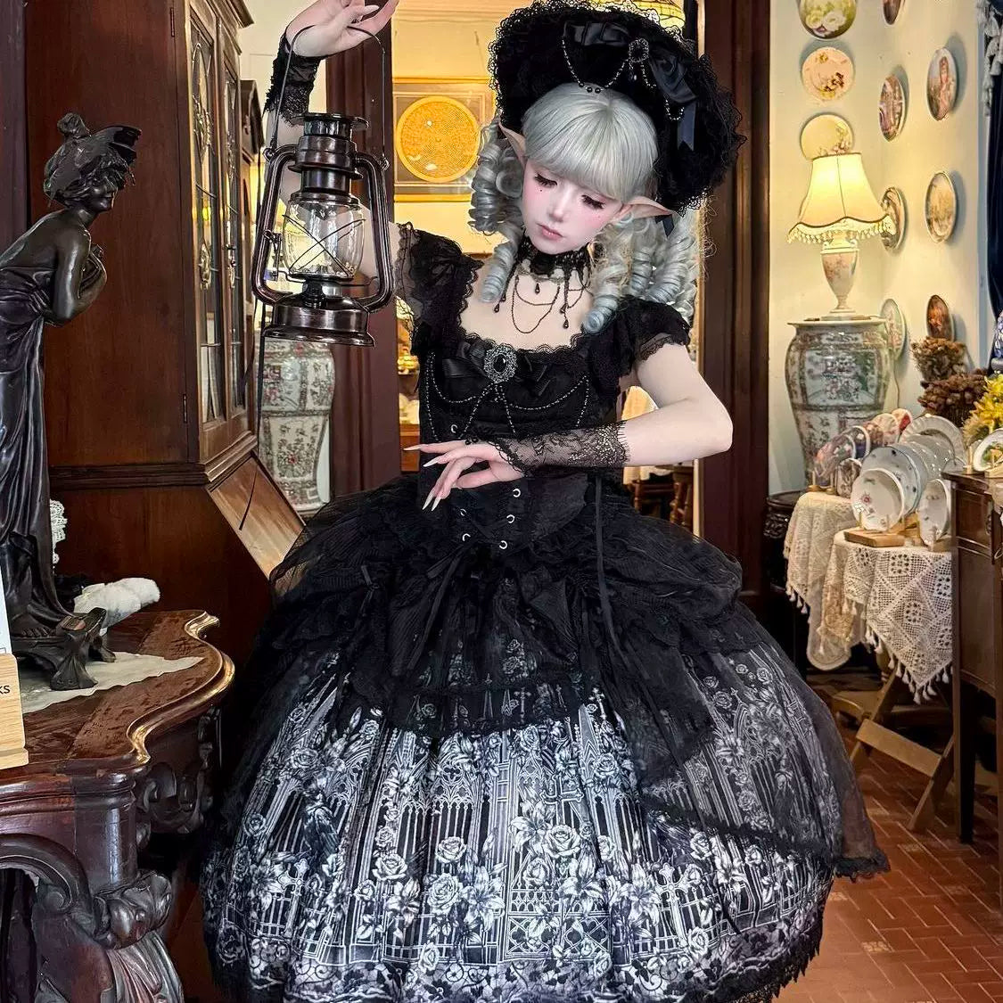 Thorn Feather Relic - Gothic Lolita JSK Dress, Crow and Rose Print 45863:866241