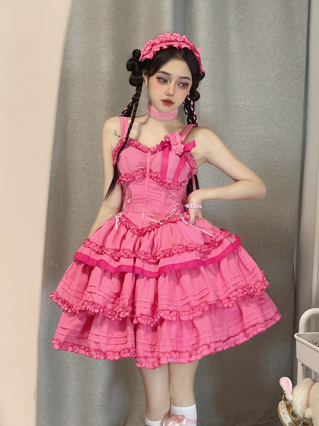 Mengfuzi~LiLith~Gothic Lolita JSK Dress Christmas Short Sleeve Bolero XS rose pink dress only 