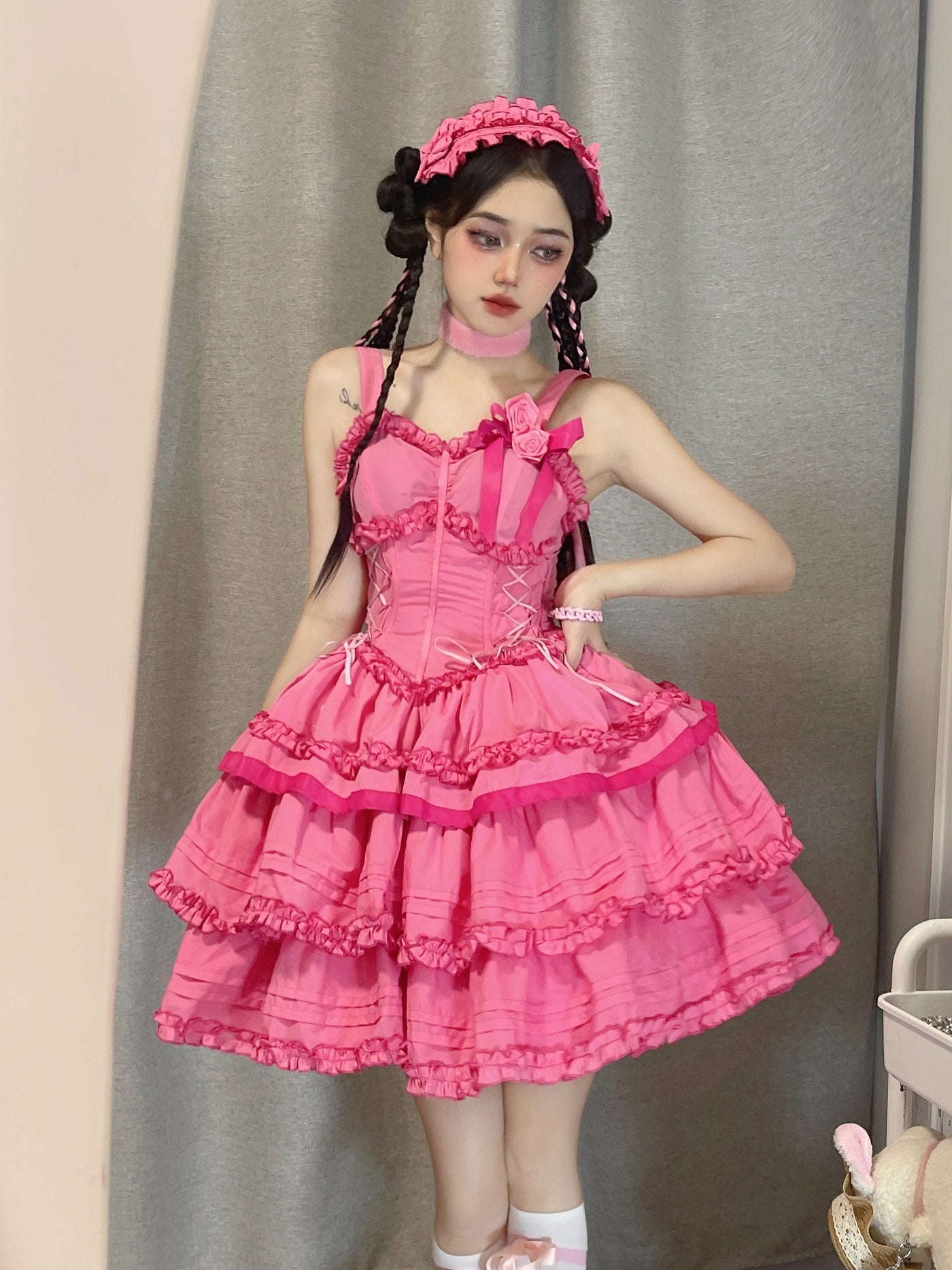Mengfuzi~LiLith~Gothic Lolita JSK Dress Christmas Short Sleeve Bolero XS rose pink dress 