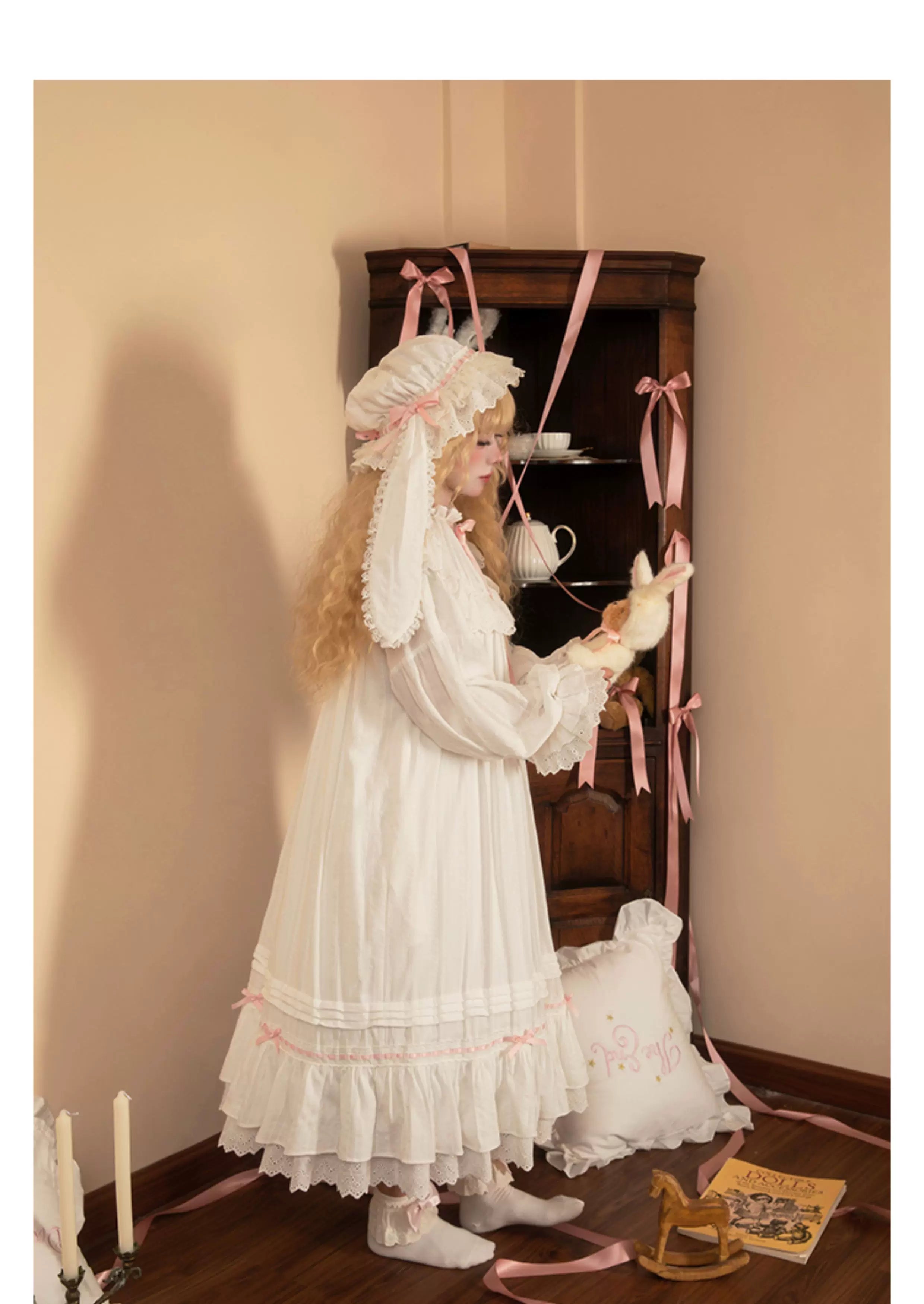 Lop-Eared Bunny Dream - Vintage Lolita Doll-like Nightdress, Ruffles & Bow