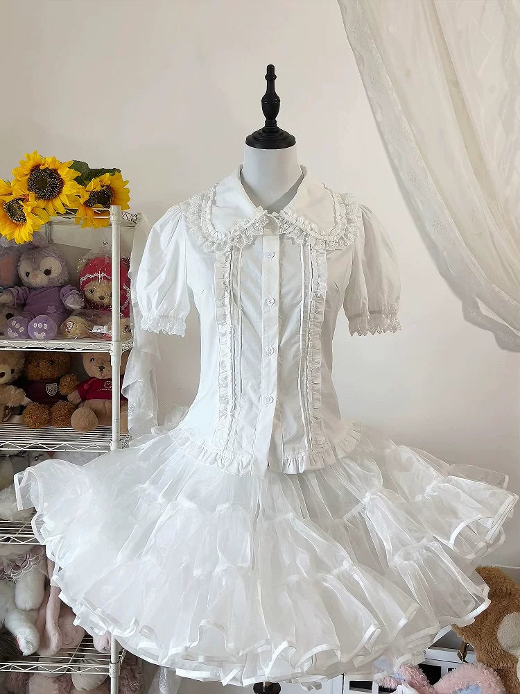 Sweet Lolita Cotton Shirt, Detachable Hime Sleeves White (with detachable hime sleeves) S