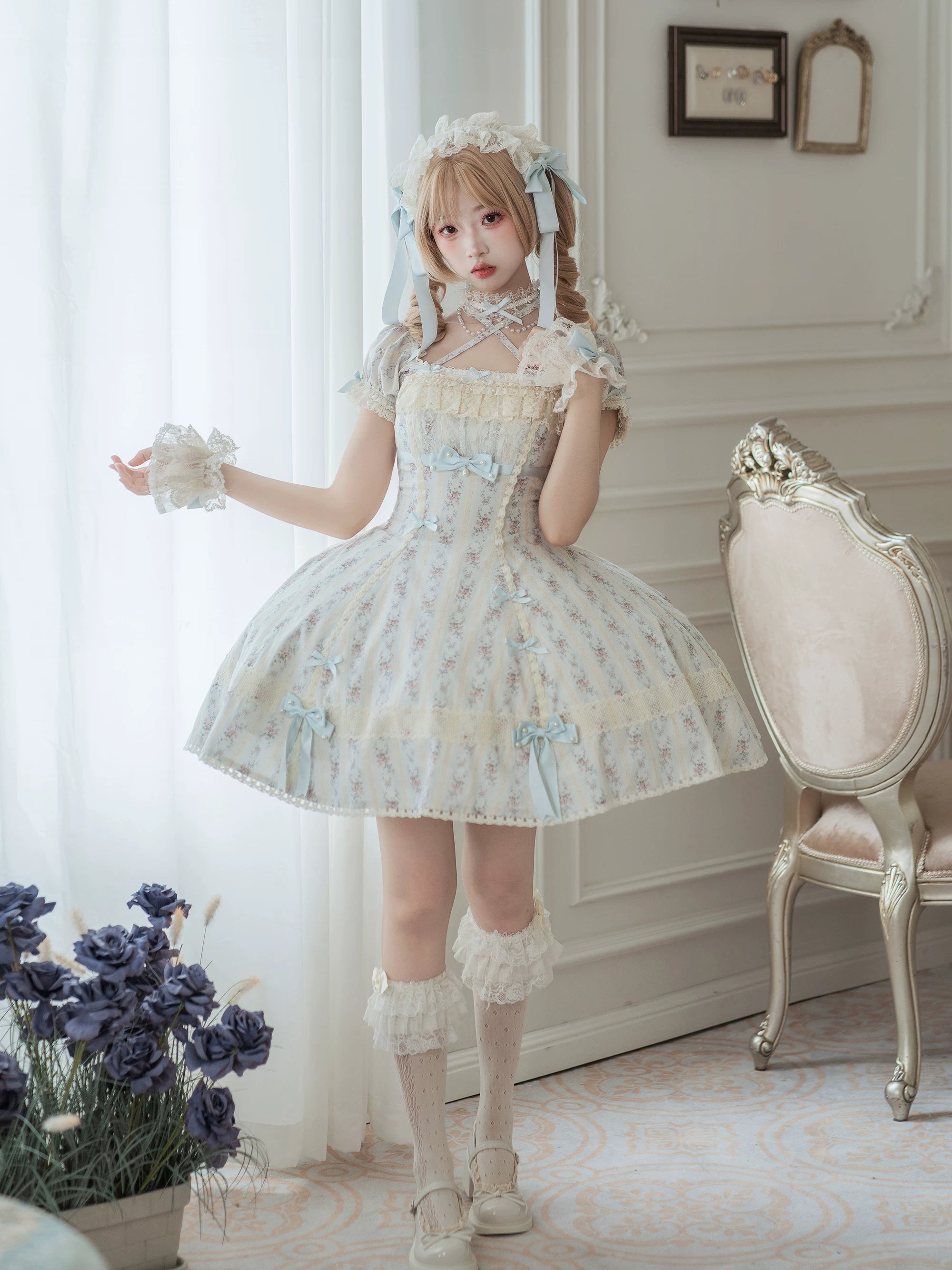 Garden Encounter of Three Springs - Cotton Old School Lolita Floral Print OP, Lace Back Opening (L M S XL) 45674:858615