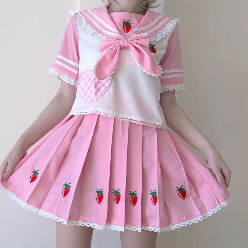 Fishing boss~Kawaii Lolita Pink Strawberry Pattern Suit   