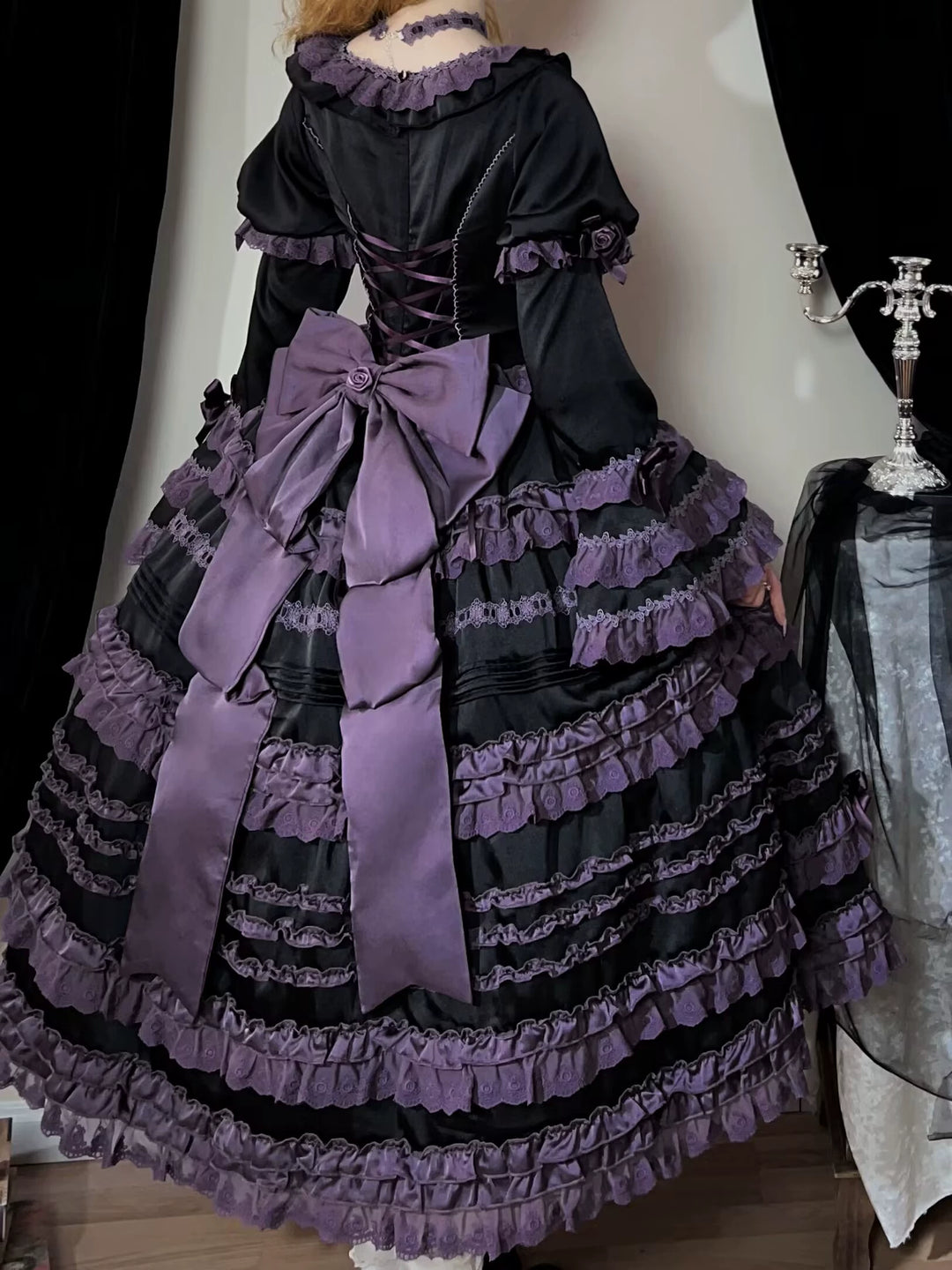 Uncle Wall Original~Stacked Black Currant~Gothic Lolita OP Dark Adjustable Lolita Dress Pre-order S Back large bow only