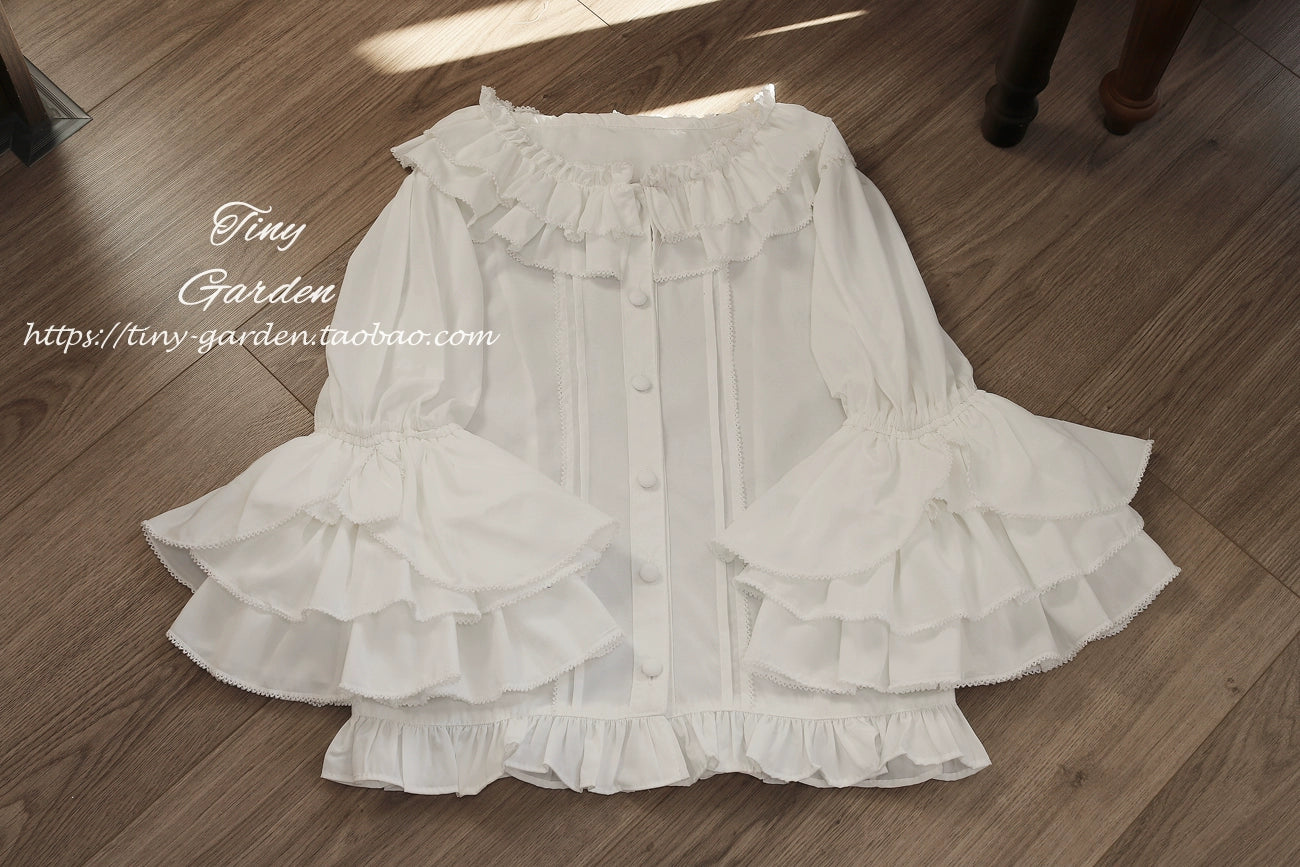 Tiny Garden - Summer Breeze 2.0 - Vintage Lolita Shirt Round Ruffled Collar/Princess Sleeves White - Picot Trim Version S
