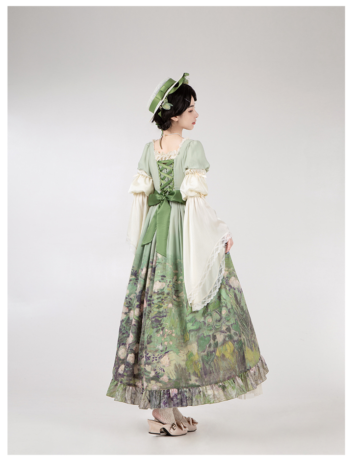 With PUJI~Blooming Rose~Chiffon Classic Lolita Dress Set Painting Styled OP & JSK
