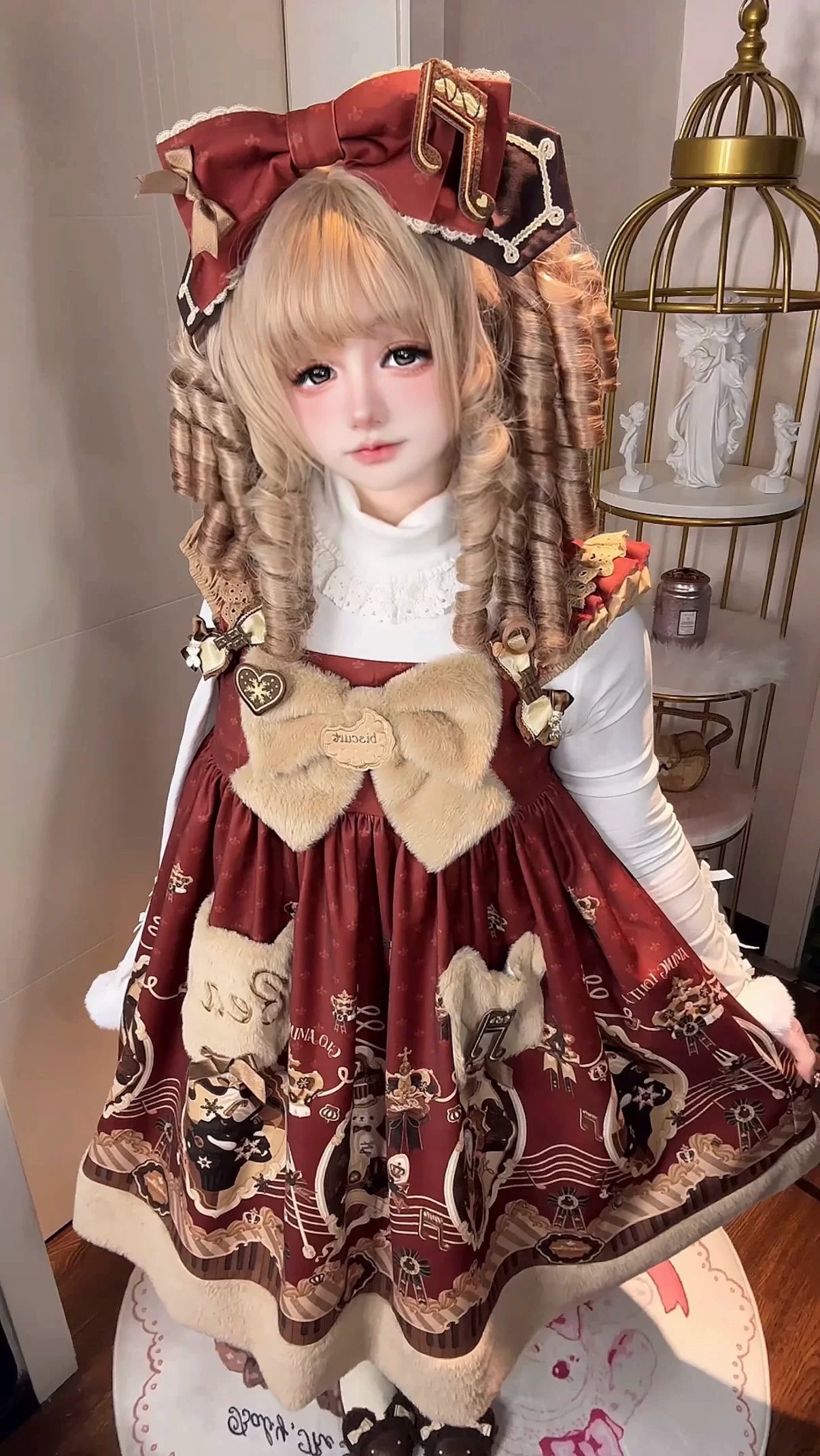 Cream Bear - Print Kawaii Lolita Fake Two-Piece OP, A-lined JSK Dress 44502:811683