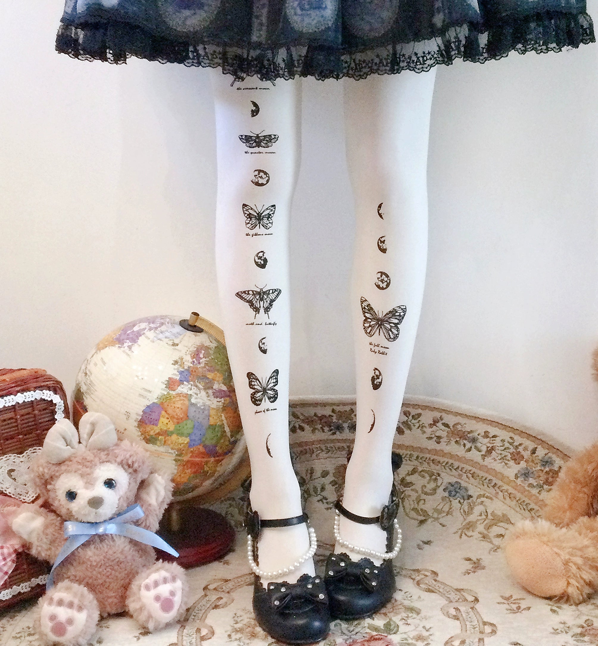 Ruby Rabbit - Butterfly Printed Pantyhose, 20D/120D Thickness White 120D