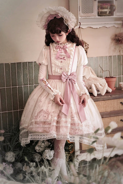 Half Sweet~Doll Garden~Sweet Lolita JSK Dress Cat Print Pink Dress Set   