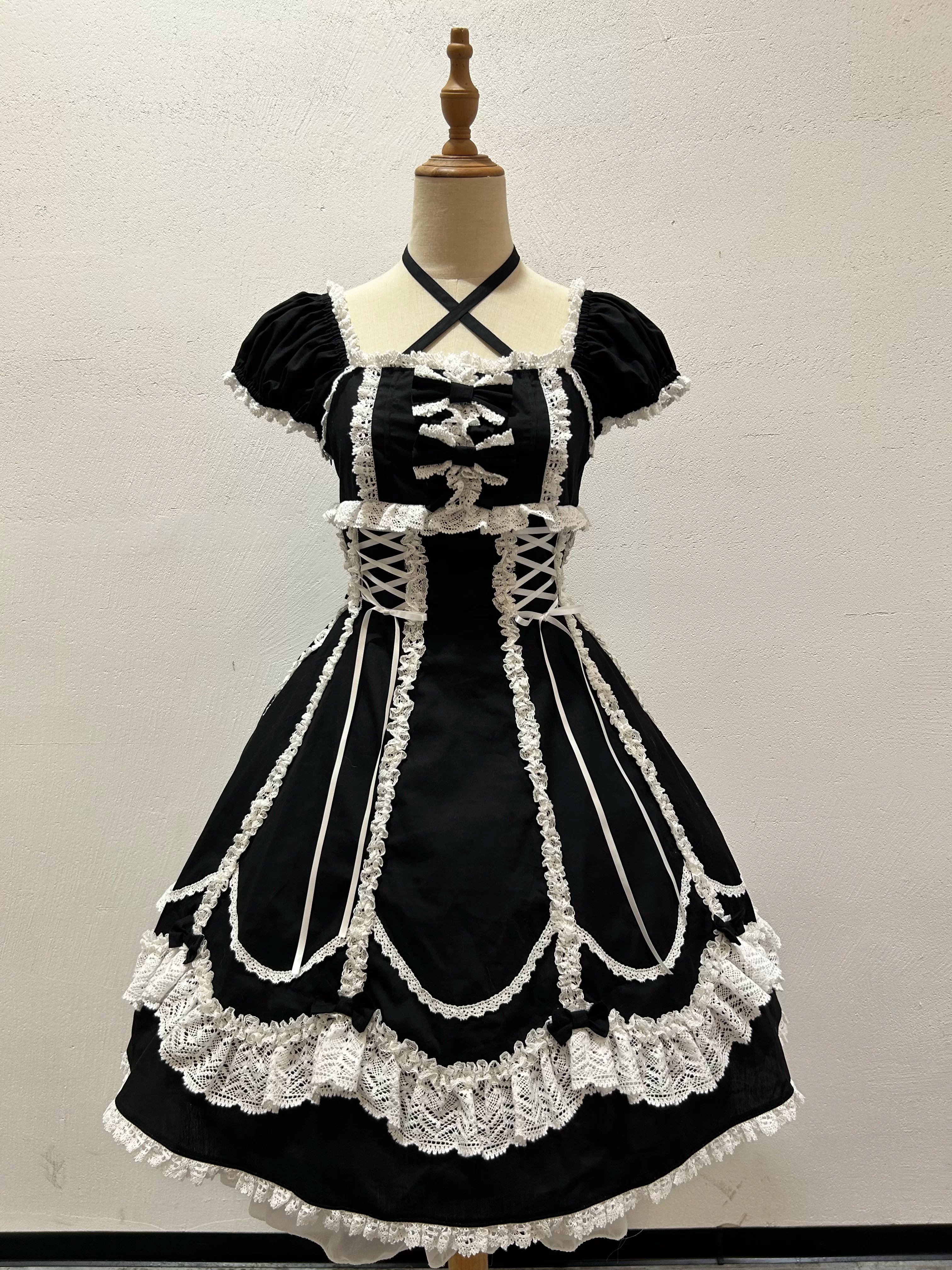 Cotton Old School Lolita Lace OP Dress, Three-tiered Back Black-white OP Only S