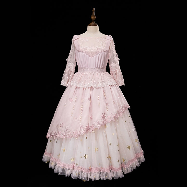 Nikki Tomorrow~Stars Descending~Pink Classic Lolita OP Mesh Embroidery Dress Pink - OP XS