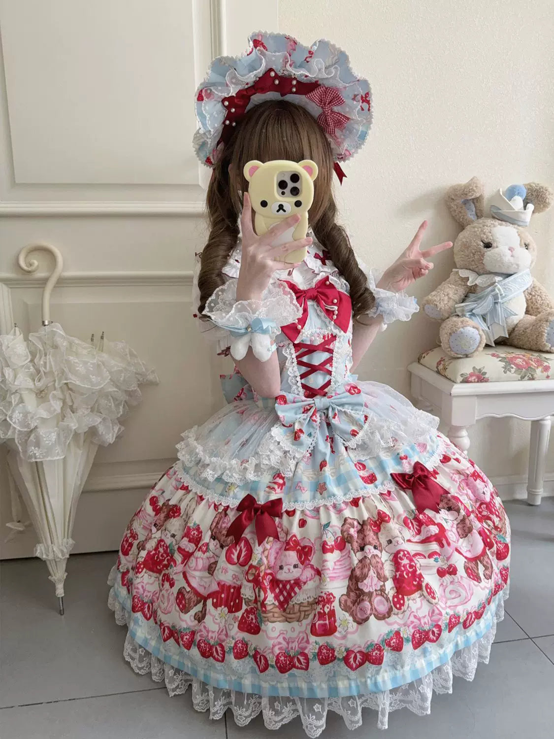 SweetBerry Bunny Bear - Sweet Lolita Tiered Lace JSK Dress, Strawberry and Bear Print