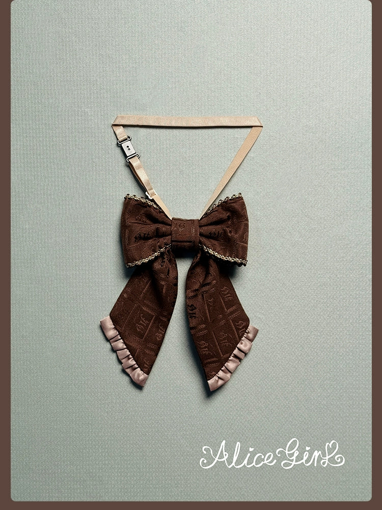 Alice Girl - Bear Chocolate Slab - Jacquard Classic Lolita Accessories One Size Chocolate Brown with Champagne Trim - Bow Tie