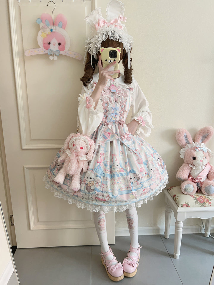 Hanguliang~Sweet Tea Party~Kawaii Lolita JSK Puppy Printed Dress with Sash Pink JSK + Sash S