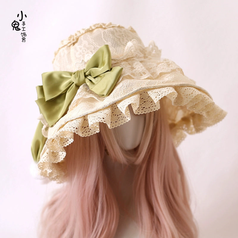 Xiaogui - Retro Lolita Hat Lace Handmade Doll Hat with Multicolor Bows One Size beige hat with light green bow