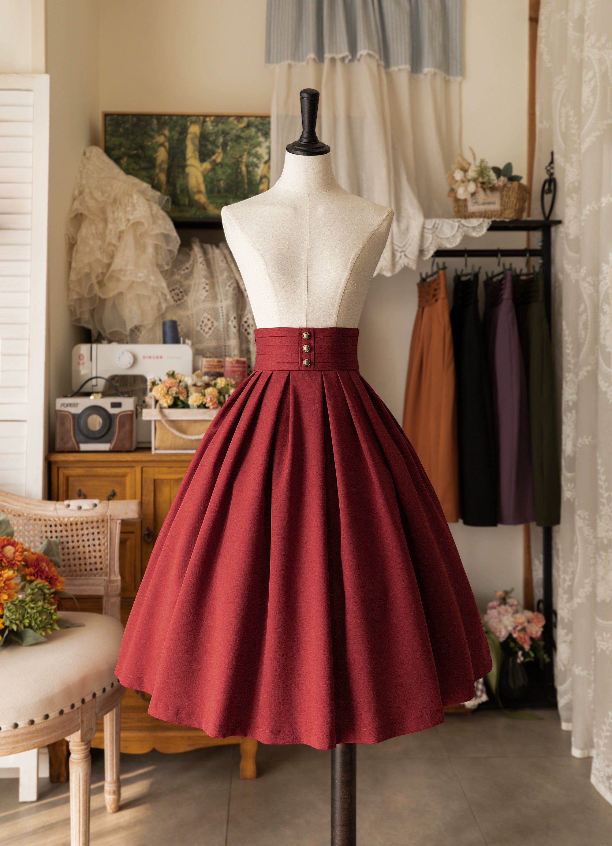 Forest Wardrobe - Forest Basket - Elegant Lolita Pleated Skirt S Red