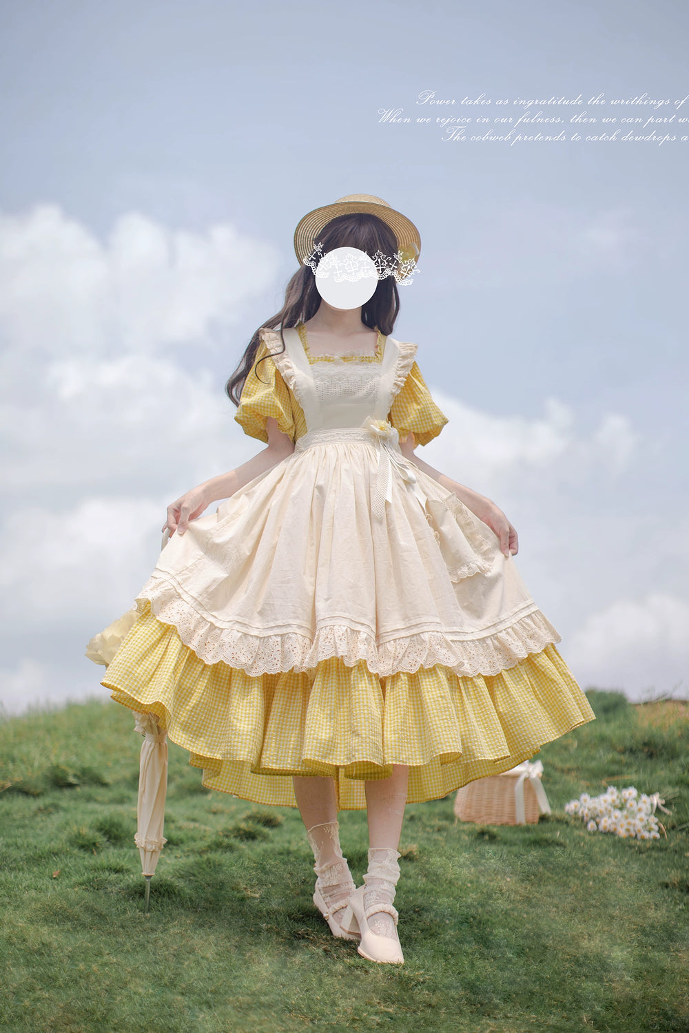 HuTaoMuJK~Belle~Yellow Lolita OP Dress Set Apron Dress Plaid Print 37424:579082