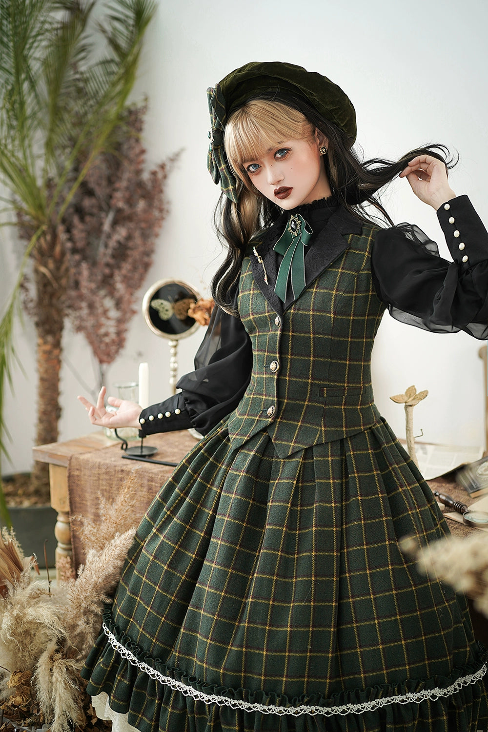 (BFM)Miss Point~Rose~Elegant Lolita Pliad Print Vest Customized M dark green grid 