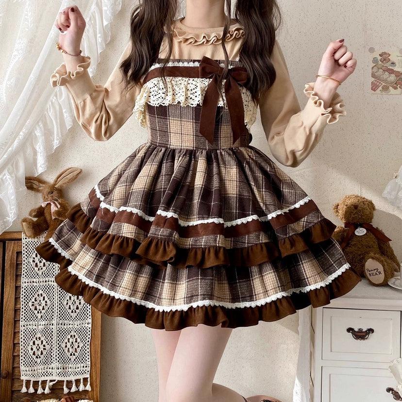 Qianmu~Caramel Cocoa~Sweet Lolita JSK Plaid Design Autumn and Winter Dress   