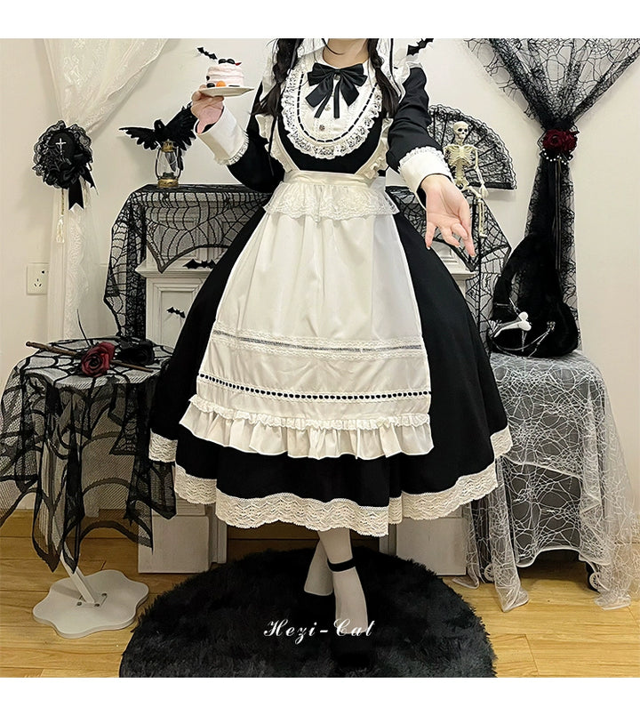 Hezi's Cat Haven~Black Cat Butler~Maid Lolita OP Dress Elegant Black and White Dress 40552:664754