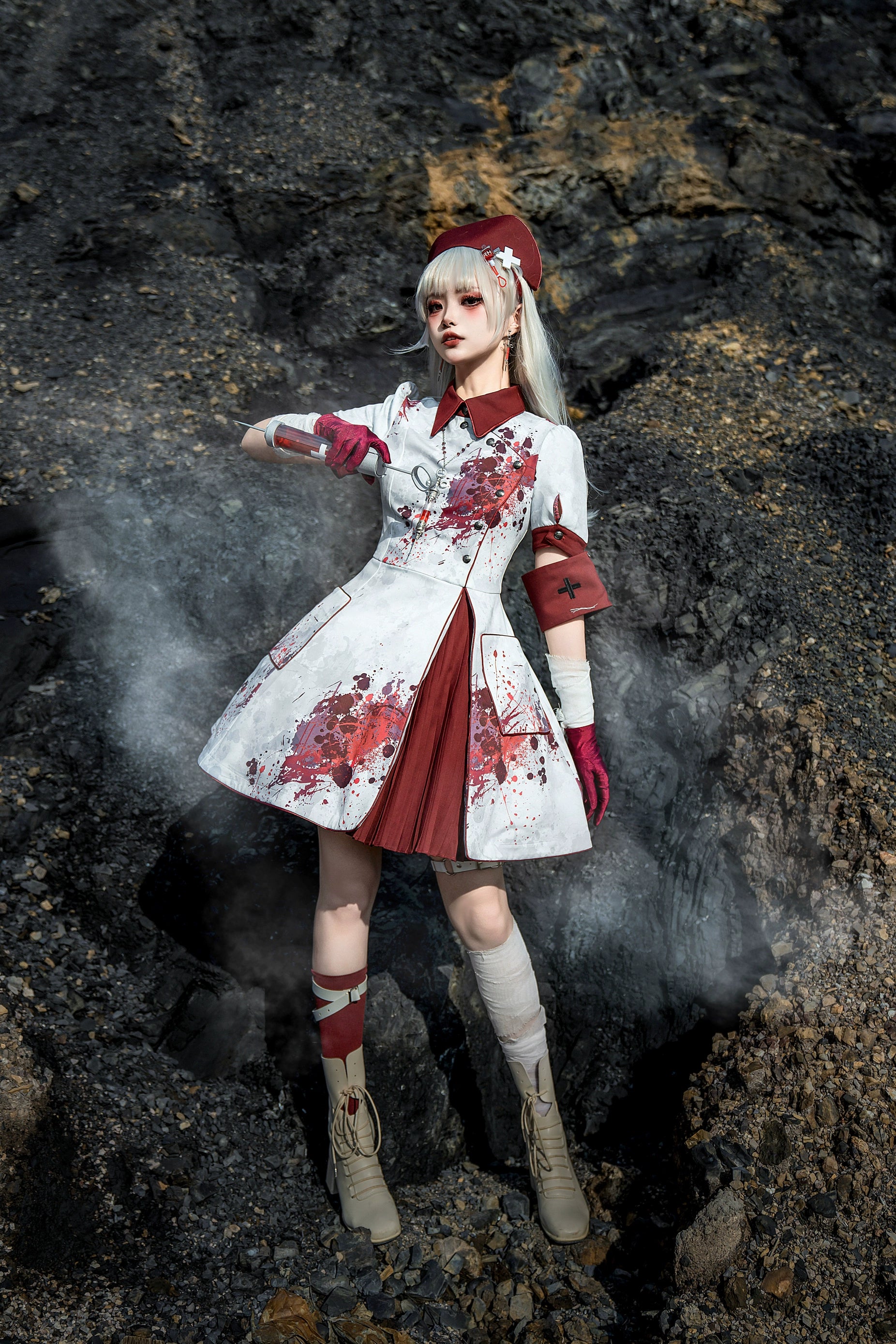 Your Highness - Iron Rose Black Mamba - Gothic Lolita OP Nurse Military Lolita Dress Iron rose nurse OP + cap + detachable armsleeves XS
