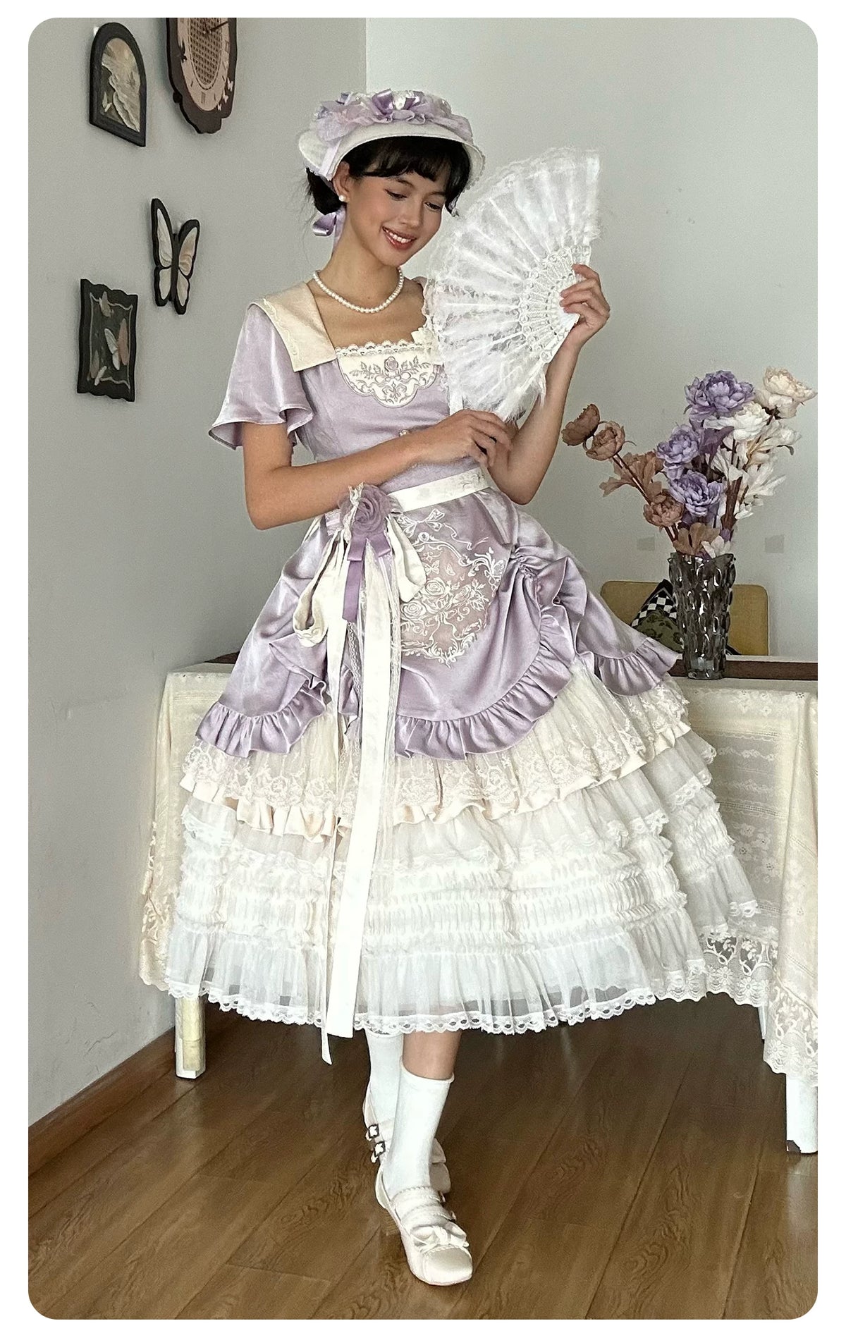Glass Floral Garden - Classic Lolita Blouse and SK Set, Butterfly Embroidered 45978:870245