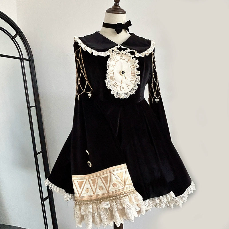 LizBird~Reincarnated Clock~Vintage Lolita OP Dress Set Lolita Bloomers S - OP (with shoulder chain) - waist-cinching version  