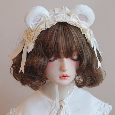 (BFM)Besozealous~Handmade Lolita KC Animal Ear Coffee Hairband 9 Pure White Bear Hairdband  