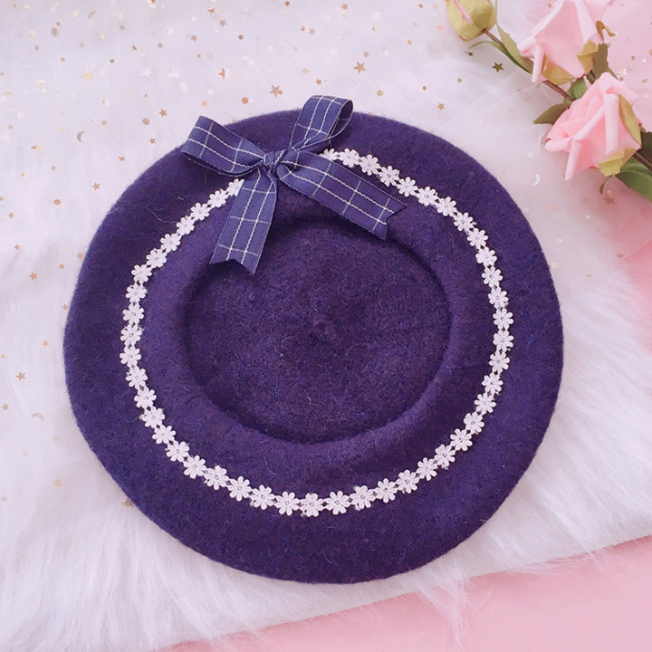 FanMengJia~Sweet Lolita Beret Woolen Bow Lolita Hat M Navy blue lace beret + a pair of clips 