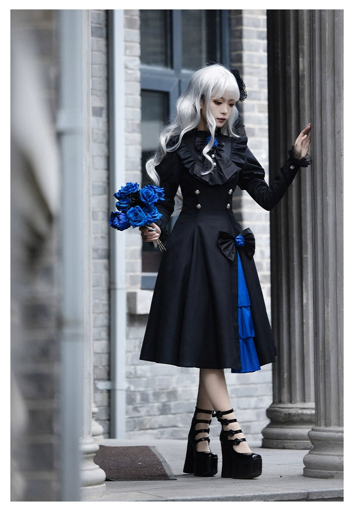 (BFM)With PUJI~Night Serenade~Retro Lolita Cloak Color-Blocked Blue and Black Cape OP Set   