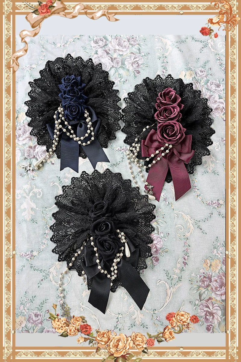 Elegant Lolita Hanamaru Hair Clip, Rose Bow & Pearl-like Chain 46096:874834