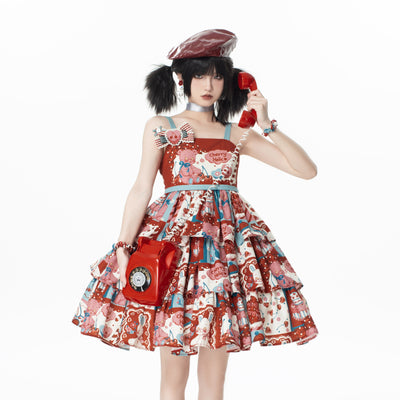 GD Lolita~Cherry Bear~Sweet Lolita Bear and Cherry Print Red JSK   