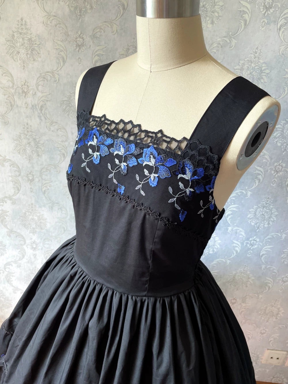 Alice of the Night - Gothic Lolita JSK Cotton Dress, Embroidery & Blue Florals