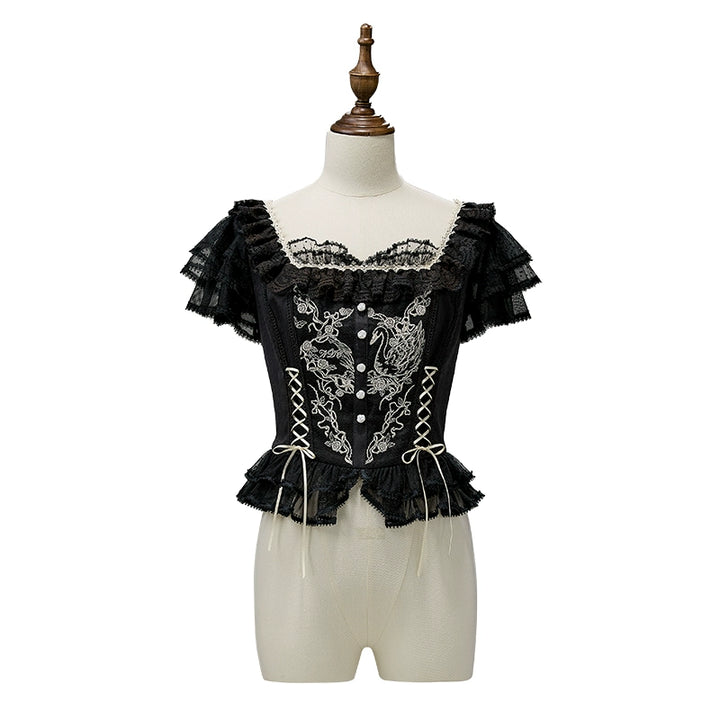 Nuit De Cellophane~Wild Swan~Elegant Lolita Dress Suit with Swan Embroidery Black-top only XS