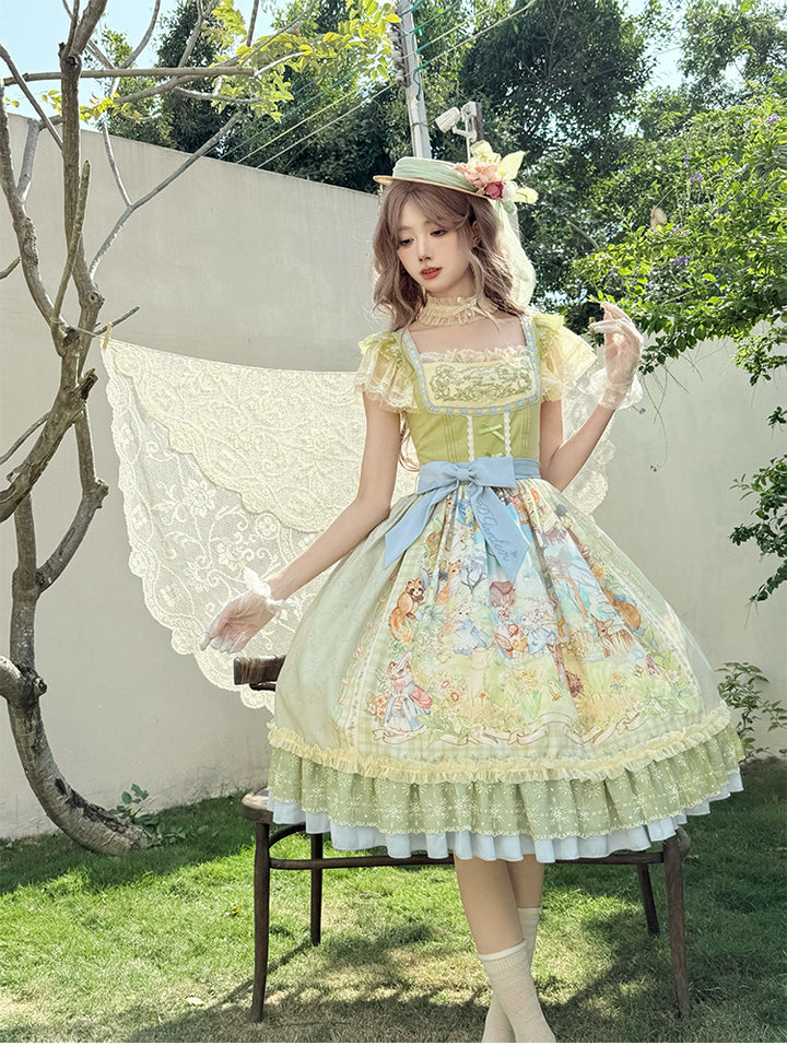 Strawberry Fantasia~Spring Bloom~Country Lolita JSK Set with Animal Prints and Overlay