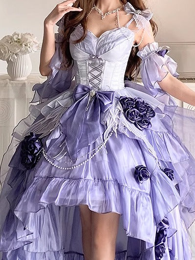 Meowing and Fruity~Swan Wonderland~Fairy Lolita JSK with High-Low Hem Mist Purple - Single JSK Only S