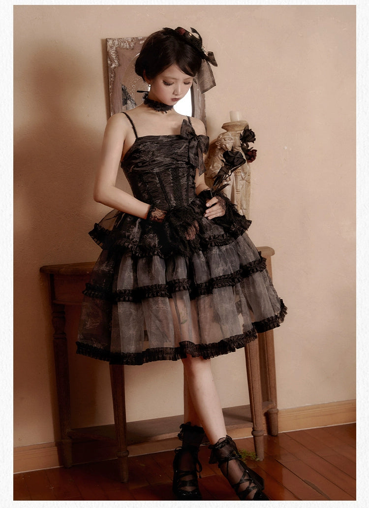 With PUJI~Butterfly Dream SP~Classic Lolita JSK Dress Fishbone Black Dress   