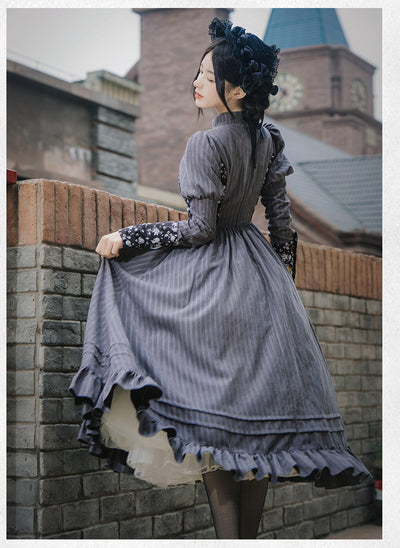 With PUJI~Vintage Lolita OP Navy Blue Dress   