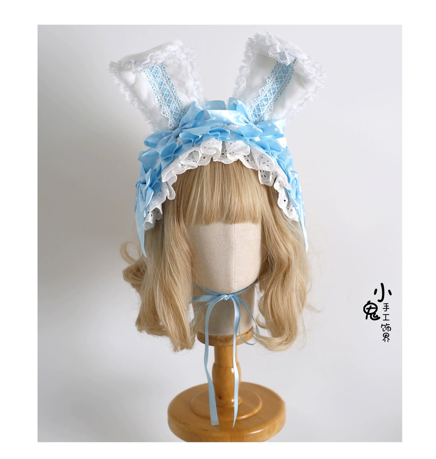 Xiaogui - Sweet Lolita Polka Dot Lace Hairband, Shapeable Bunny Ears 44127:797252